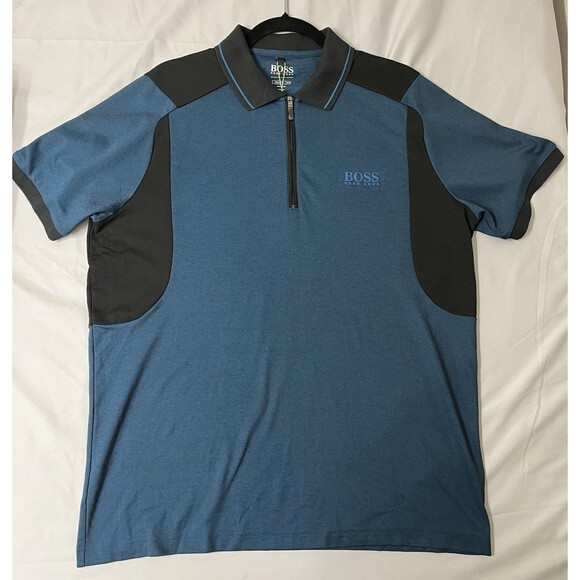NWT Boss Hugo Boss Men's 1/4 Zip Performance Golf Polo Shirt Blue Black XXL - Picture 1 of 14